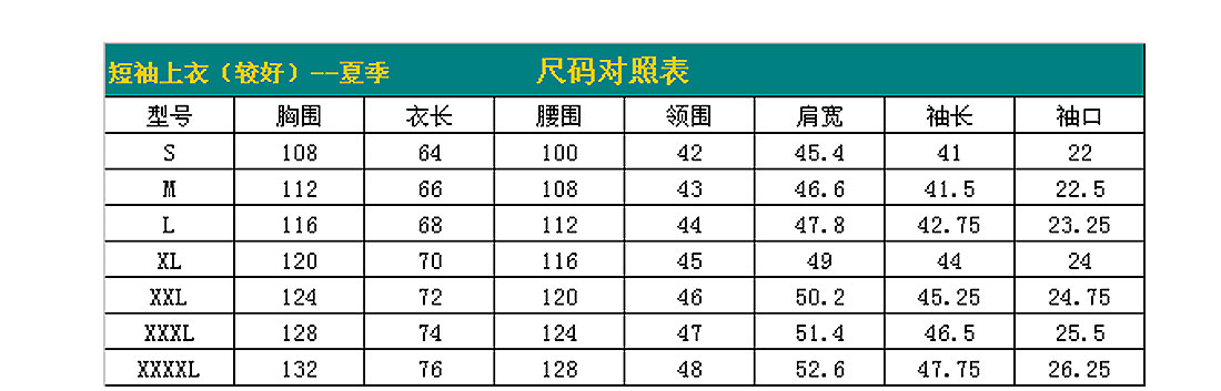 短袖工作服AD110-DX尺寸图